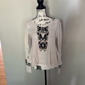 Free People Cream and Black Embroidered Blouse